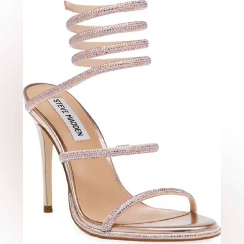 Steve Madden Exotica Rose Gold Rhinestone Wrap Around Strappy Heels Size 7.5 - Picture 2 of 9